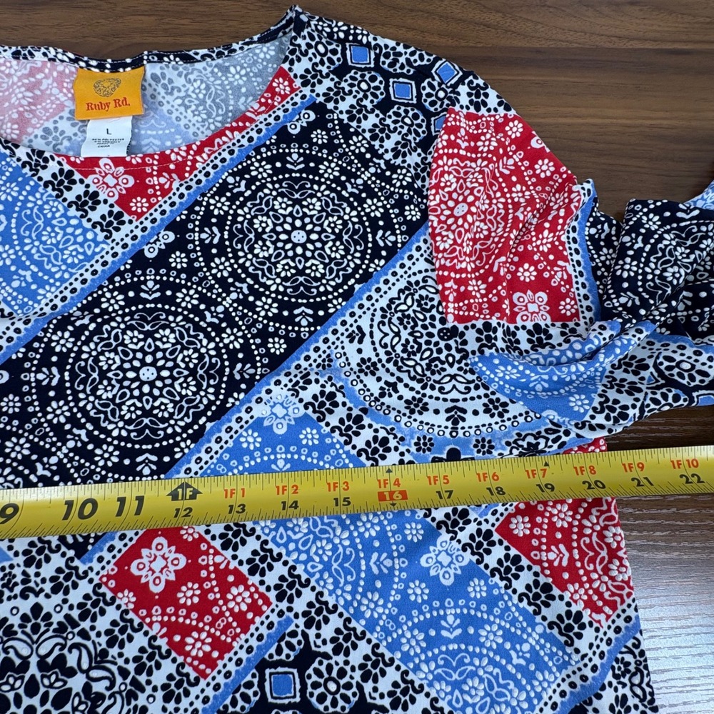 Ruby Rd Womens 3/4 Tiered Flounce Sleeve Bandana Patchwork Top Red Blue L Boho - Picture 8 of 11